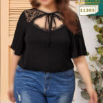 بلوز مجلسی یقه گیپور بندار آستین کوتاه زنانه سایزبزرگ