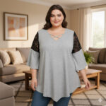 بلوز مدل گشاد یقه هفت آستین دانتل دار دخترانه سایزبزرگ